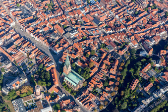 Aerial photograpy of Church building in of St. Johannis in Old Town- center of downtown in Lueneburg in the state Lower Saxony, Germany