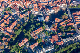 Historic Quays at the old port with Luener Muehle Restaurant & Vinothek in Lueneburg in the state Lower Saxony, Germany