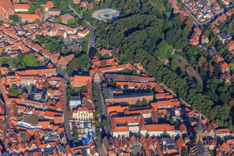 Town Hall. Regional Court and District Court to the right, Liebesgrund Park and Scunthorpe Park with parking garage at the Town Hall Lüneburg in Lüneburg in the state Lower Saxony, Germany