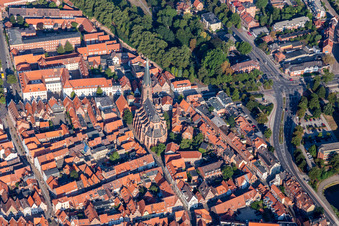 Aerial photograpy of Church building in St. Nicolai in Old Town- center of downtown in Lueneburg in the state Lower Saxony, Germany
