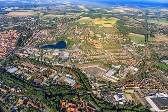 City view from the west with Kreidebergsee in Lüneburg in the state Lower Saxony, Germany