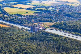 Aerial view of Boat lift and locks plants on the banks of the waterway of the Elbe side channel in Scharnebeck in the state Lower Saxony, Germany
