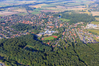 View of the town from the southwest with sports field from the Bernhard-Riemann-Gymnasium Scharnebeck, school at the ship lift in Scharnebeck in the state Lower Saxony, Germany