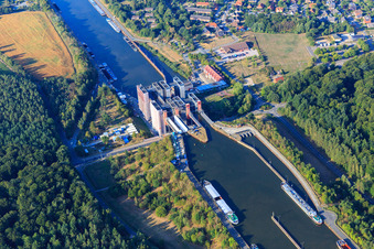 Boat lift and locks plants on the banks of the waterway of the Elbe side channel in Scharnebeck in the state Lower Saxony, Germany out of the air