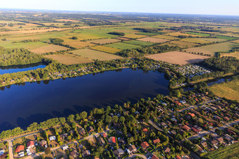 Oblique view of Camping Lanzer See in Basedow in the state Schleswig Holstein, Germany