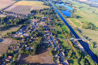 Village on the Elbe-Lübeck Canal from the south in Dalldorf in the state Schleswig Holstein, Germany