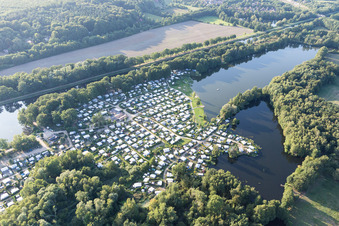 Oblique view of Camping Forellensee in Witzeeze in the state Schleswig Holstein, Germany