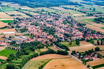 Aerial view of Village from the west in Minfeld in the state Rhineland-Palatinate, Germany