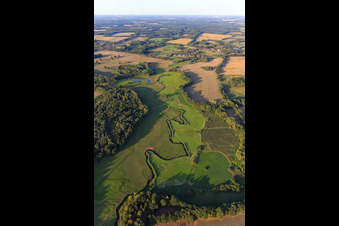 Aerial photograpy of The Schaale stream meanders between meadows in the district Bretzin in Bengerstorf in the state Mecklenburg-Western Pomerania, Germany