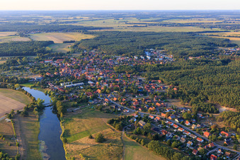 View of the town on the banks of the Krainke from the southeast in the district Neuhaus in Amt Neuhaus in the state Lower Saxony, Germany