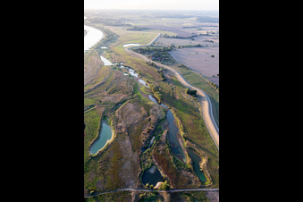Aerial view of Groyne head of the of Elbe river course and its Polof in the district Pommau in Amt Neuhaus in the state Lower Saxony, Germany