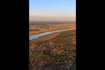 View of the town on the banks of the Elbe from the west in Neu Darchau in the state Lower Saxony, Germany