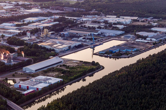 Aerial view of Quays and boat moorings at the port of the inland port on Elbe-side-channel in Lueneburg in the state Lower Saxony, Germany