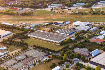 Aerial view of Nordson Engineering GmbH in the industrial area between the port and the airport in Lüneburg in the state Lower Saxony, Germany