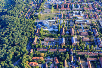 Aerial photograpy of Campus- University- Area Central Building Leuphana University Lüneburg by architect Libeskind in the district Bockelsberg in Lüneburg in the state Lower Saxony, Germany