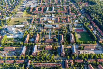 Aerial photograpy of Campus University- area Zentralgebaeude Leuphana Universitaet Lueneburg of vom architect Libeskind in Lueneburg in the state Lower Saxony, Germany