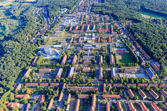 Oblique view of Campus- University- Area Central Building Leuphana University Lüneburg by architect Libeskind in the district Bockelsberg in Lüneburg in the state Lower Saxony, Germany