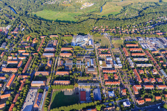 Campus- University- Area Central Building Leuphana University Lüneburg by architect Libeskind in the district Bockelsberg in Lüneburg in the state Lower Saxony, Germany seen from above