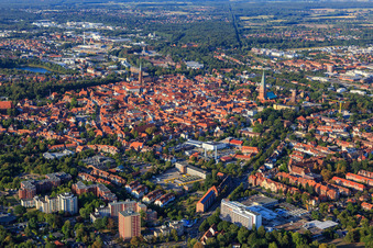 Old town area and city center from the southwest in Lüneburg in the state Lower Saxony, Germany