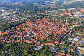 Aerial view of Old town area and city center from the southwest in Lüneburg in the state Lower Saxony, Germany