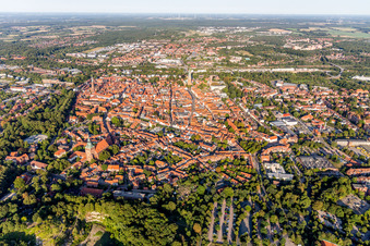 Old Town area and city center in Lueneburg in the state Lower Saxony, Germany from the plane