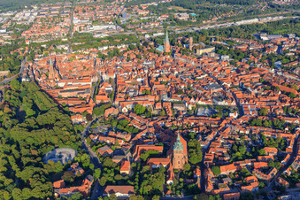Old town overview from the west in the evening with Görgestr, from St. Michaelis Church to Am Sande and St. Johannis Church Lüneburg in Lüneburg in the state Lower Saxony, Germany