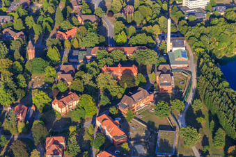 Bockwinkler Forest with buildings of the Psychiatric Clinic Lüneburg in Lüneburg in the state Lower Saxony, Germany