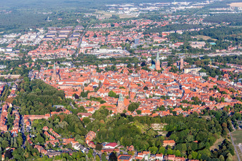 Drone image of Old Town area and city center in Lueneburg in the state Lower Saxony, Germany