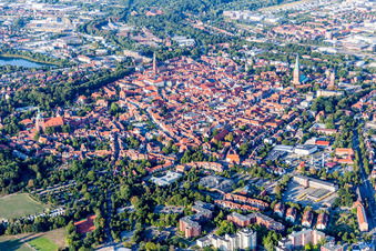 Old Town area and city center in Lueneburg in the state Lower Saxony, Germany from the drone perspective