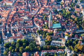 Aerial view of Church building St. Johanniskirche in Lueneburg in the state Lower Saxony, Germany