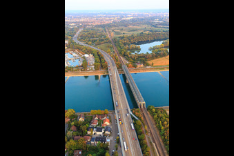 Aerial photograpy of Rhine bridges in the district Maximiliansau in Wörth am Rhein in the state Rhineland-Palatinate, Germany