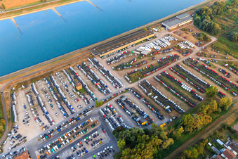 Aerial view of Daimler truck warehouse on the Rhine in the district Maximiliansau in Wörth am Rhein in the state Rhineland-Palatinate, Germany