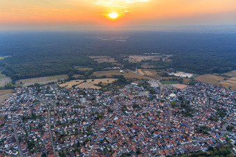 Aerial photograpy of City view in the evening from the east in Hagenbach in the state Rhineland-Palatinate, Germany
