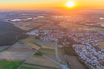 Aerial view of Sunrise over the village in Rheinzabern in the state Rhineland-Palatinate, Germany