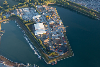 Quays and boat moorings at the port of the inland port of the Rhine river in Germersheim in the state Rhineland-Palatinate, Germany