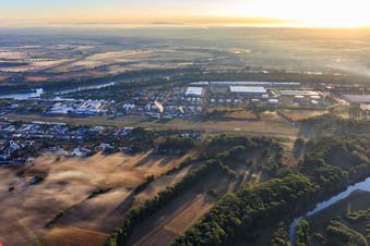Aerial view of Runway of FSL Airport Speyer/Ludwigshafen from the west in Speyer in the state Rhineland-Palatinate, Germany