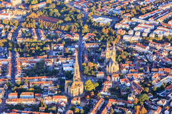 Aerial view of Evangelical Memorial Church of the Protestation and Catholic St. Joseph Church in Speyer in the state Rhineland-Palatinate, Germany