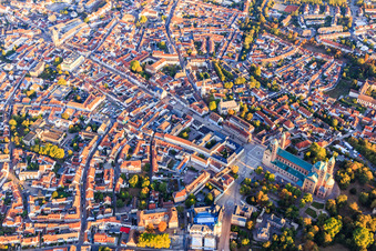 Aerial view of Cathedral Square from the south with the cathedral, Historical Museum of the Palatinate and Maximilianstr in Speyer in the state Rhineland-Palatinate, Germany