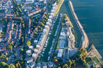 Pleasure boat marina with docks and moorings on the shore area of alten Hafen on Rhein in Speyer in the state Rhineland-Palatinate, Germany