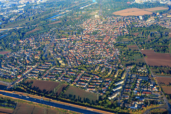 View of the town beyond the A6 from the east in the district Feudenheim in Mannheim in the state Baden-Wuerttemberg, Germany