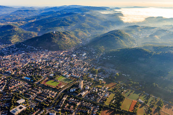 City overview from the southwest with Starkenburg Stadium in Heppenheim in the state Hesse, Germany