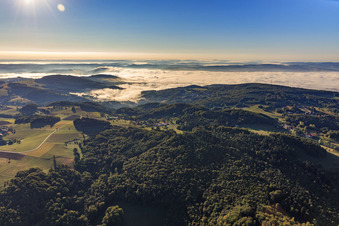 Aerial view of Breitenwiesen district in front of low clouds in the Odenwald in the district Gadernheim in Lautertal in the state Hesse, Germany