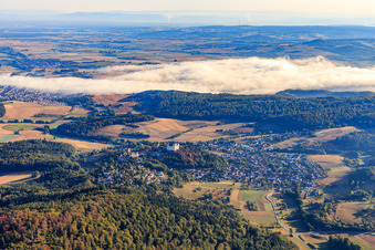 Aerial view of View of the town with Lichtenberg Castle from the south in the district Niedernhausen in Fischbachtal in the state Hesse, Germany