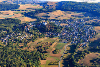 Aerial photograpy of View of the town with Lichtenberg Castle from the south in the district Niedernhausen in Fischbachtal in the state Hesse, Germany