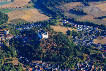 Oblique view of View of the town with Lichtenberg Castle from the south in the district Niedernhausen in Fischbachtal in the state Hesse, Germany