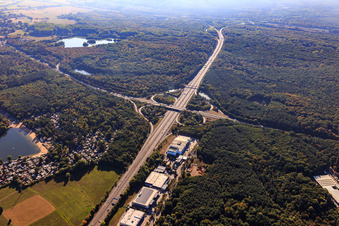 Aerial view of Motorway junction A66/B8 with Kibek Hanau in Hanau in the state Hesse, Germany