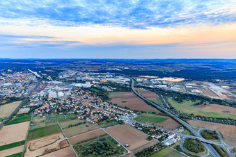 View of the town with the B26 motorway exit from the A70 from the northwest in the district Oberndorf in Schweinfurt in the state Bavaria, Germany