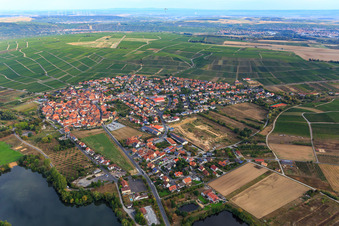 Aerial view of View of the town from the south in Sommerach in the state Bavaria, Germany