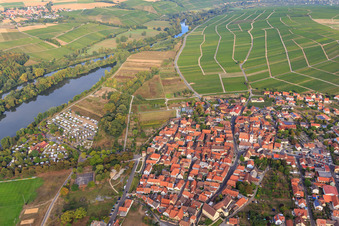 View of the town on the Main from the southeast in Sommerach in the state Bavaria, Germany