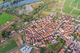 Aerial view of View of the town on the Main from the southeast in Sommerach in the state Bavaria, Germany